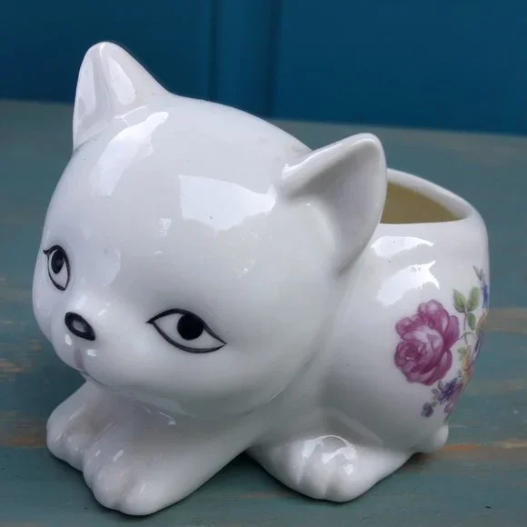 Vintage Ceramic Cat Planter Porcelain Cat Dish Candle Bowl Japan Flowers - Picture 11 of 16